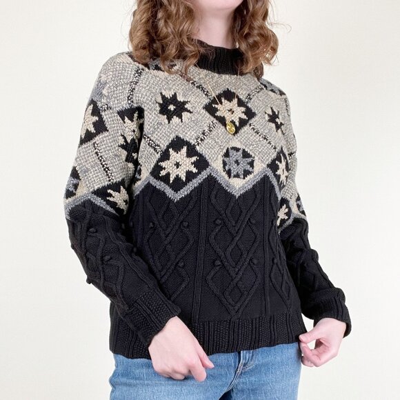 Vintage Cable Knit Wool Silk Fair Isle Scandinavian Oversized Winter Christmas - Picture 7 of 7